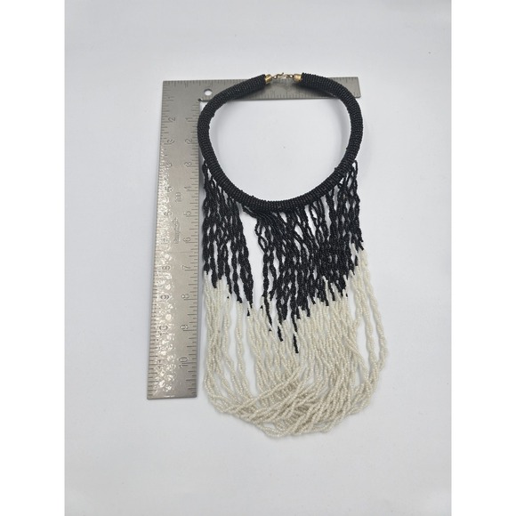 Vintage Tribal Style Seed Bead Waterfall Fringe Statement Necklace Black White - Picture 6 of 7